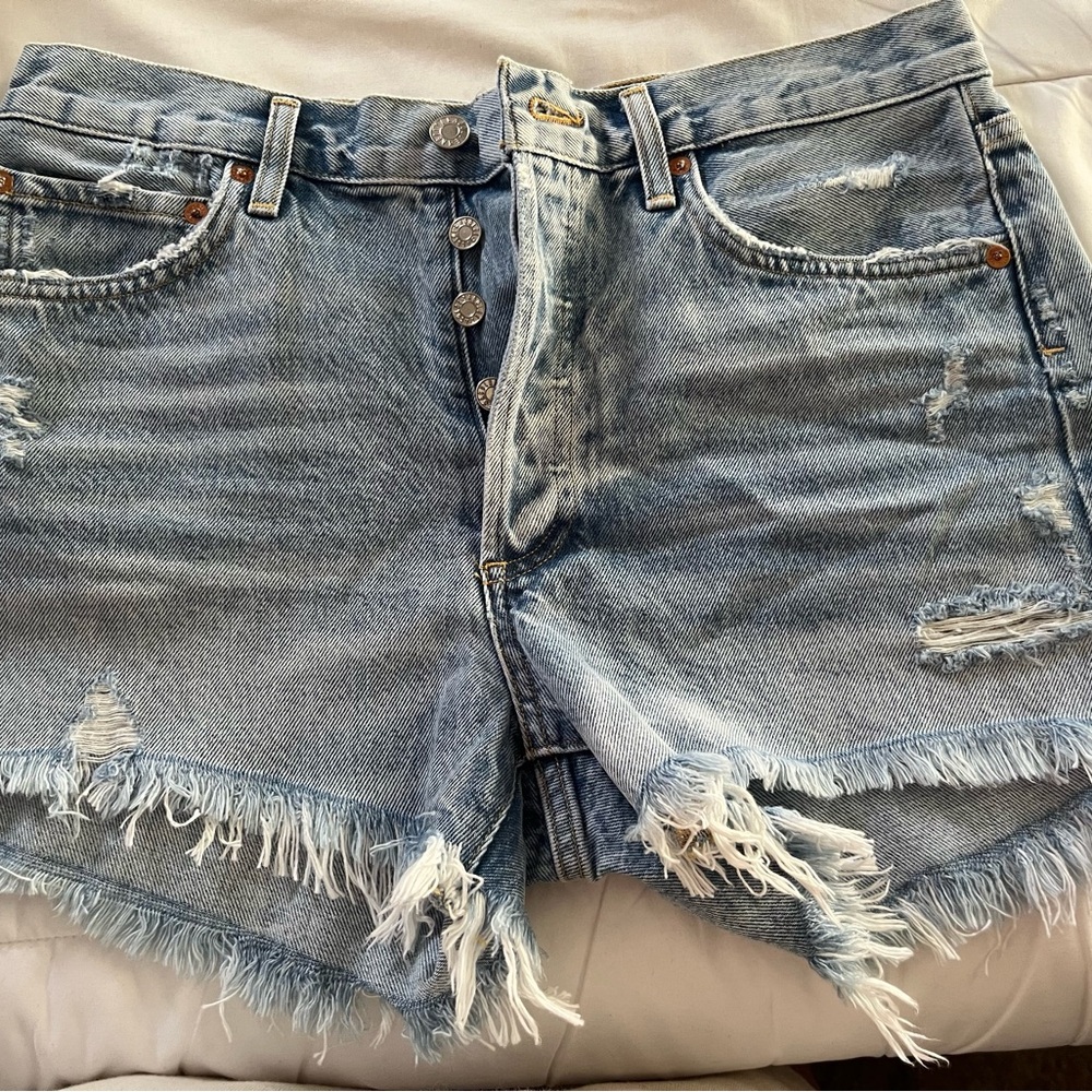 Agolde Blue Distressed Jean Shorts with Frayed Hem